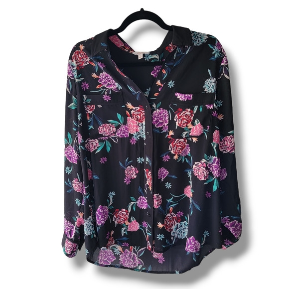 Candie’s Tops - Candies Black Floral Button Down Blouse w/ Collar Purple & Red Flowers Plus Size
